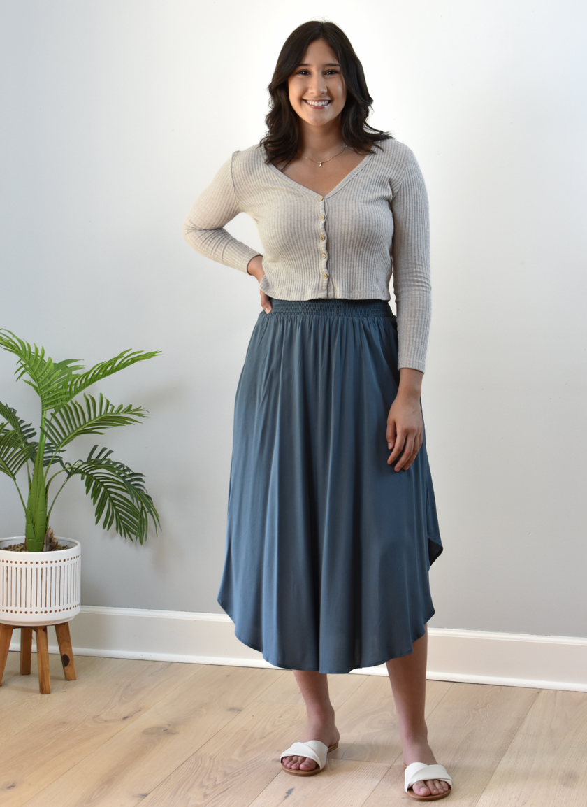Smocked Waist Maxi Skirt — flowy rayon maxi with round hem and smocked waistband from Justyna Grace Boutique.