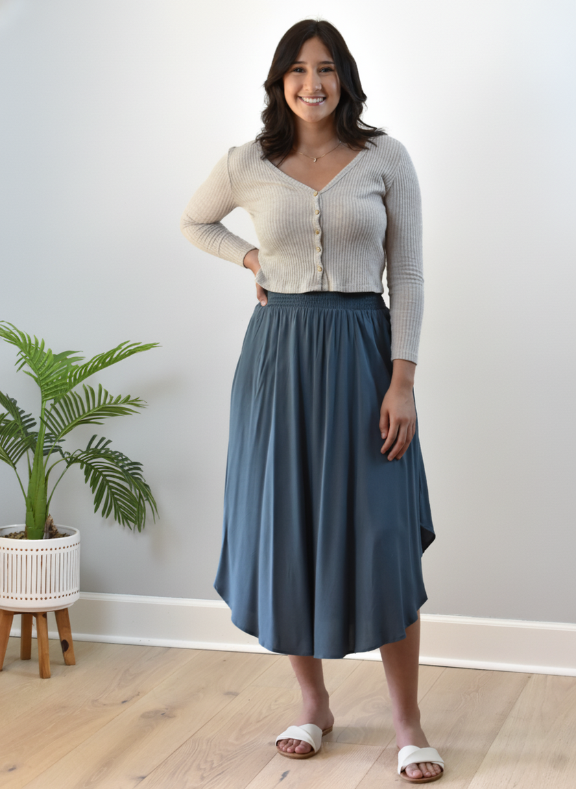 Smocked Waist Maxi Skirt — flowy rayon maxi with round hem and smocked waistband from Justyna Grace Boutique.