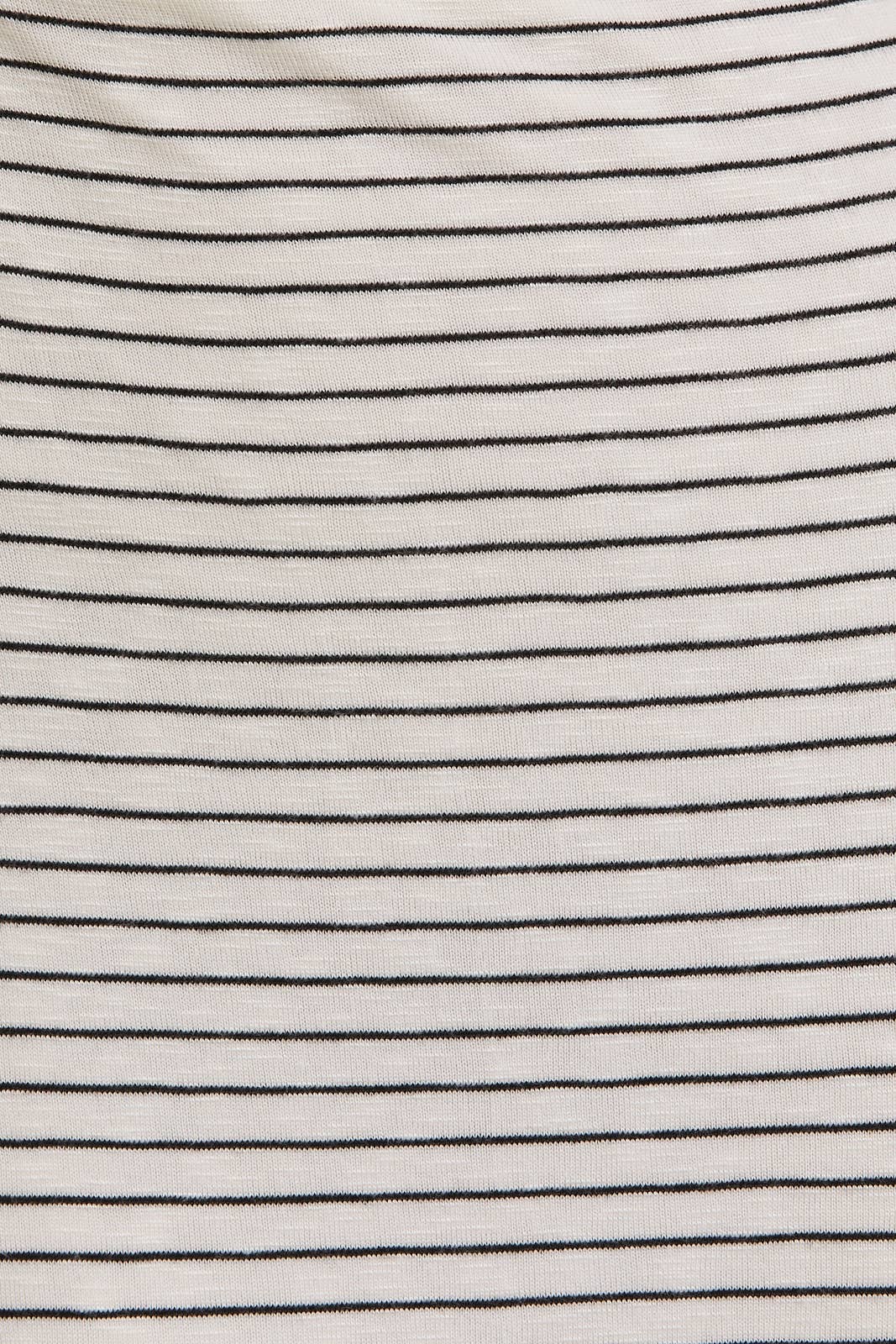 Soft ivory and gray striped midi dress with gentle ruffle hem — easy neutral style from Justyna Grace Boutique.