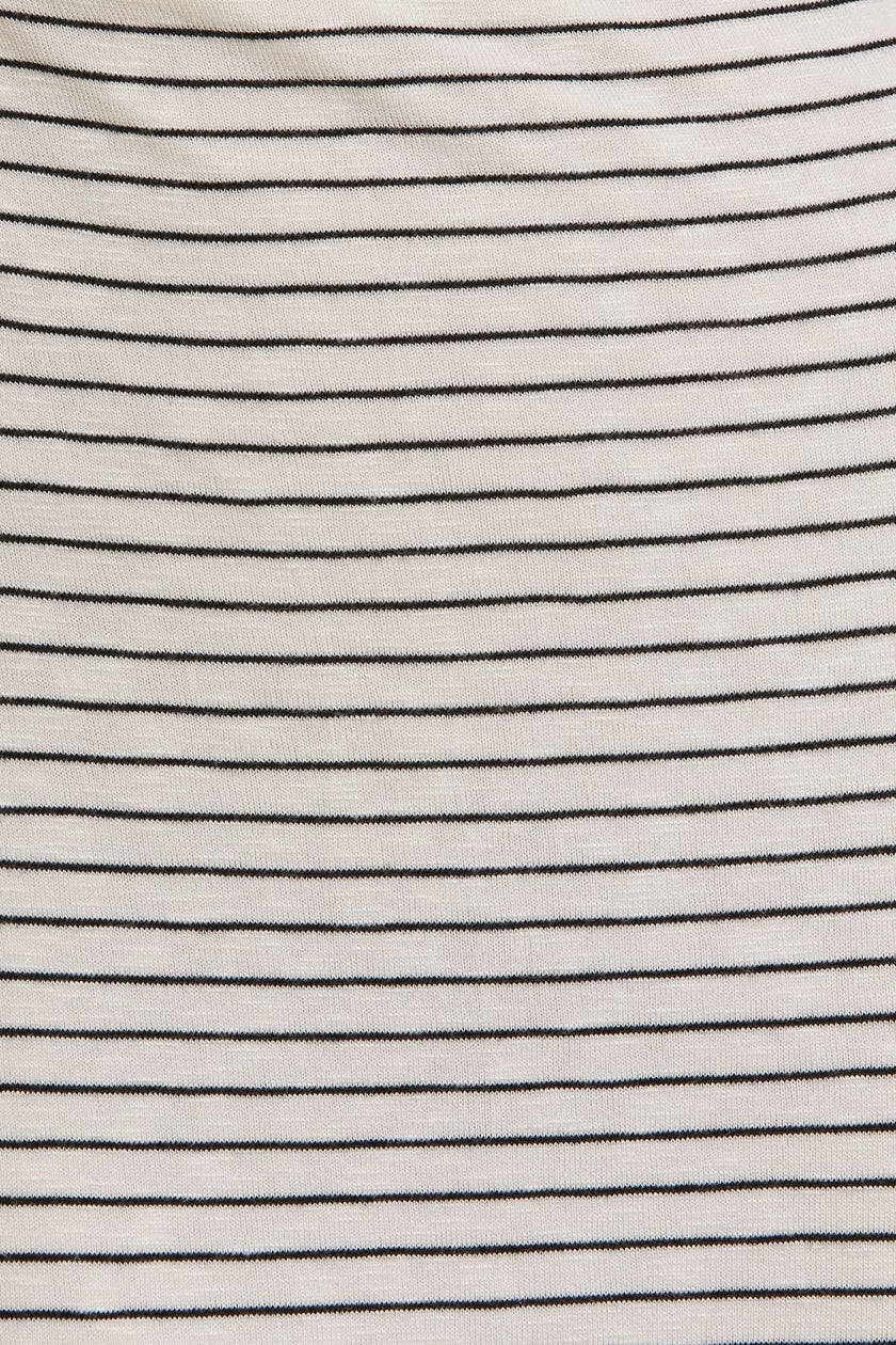 Soft ivory and gray striped midi dress with gentle ruffle hem — easy neutral style from Justyna Grace Boutique.