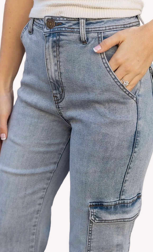 Soft Wash Cargo Jeans in light vintage aged blue wash – ultra-soft Tencel blend straight-leg high-rise denim with side cargo pockets – front view on soft linen background – Justyna Grace Boutique