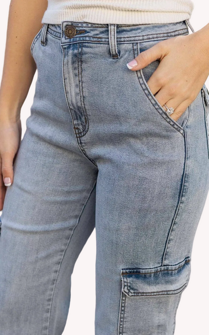 Soft Wash Cargo Jeans in light vintage aged blue wash – ultra-soft Tencel blend straight-leg high-rise denim with side cargo pockets – front view on soft linen background – Justyna Grace Boutique