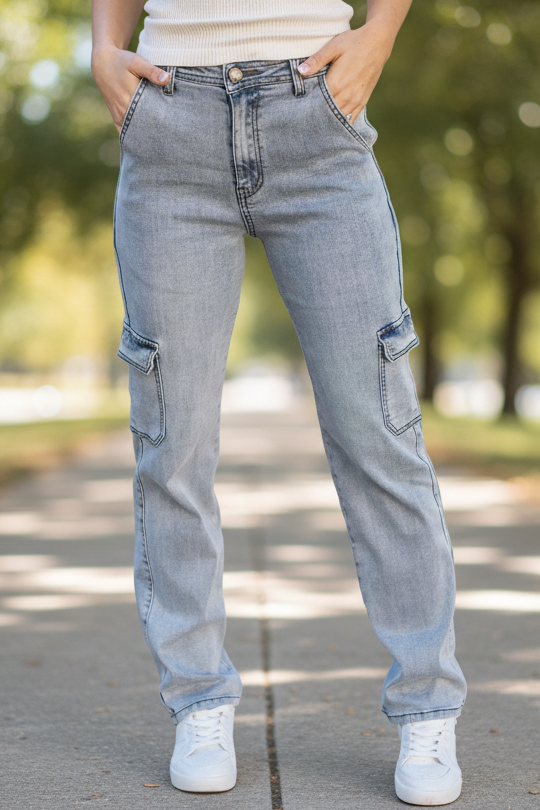 Soft Wash Cargo Jeans in light vintage aged blue wash – ultra-soft Tencel blend straight-leg high-rise denim with side cargo pockets – front view on soft linen background – Justyna Grace Boutique