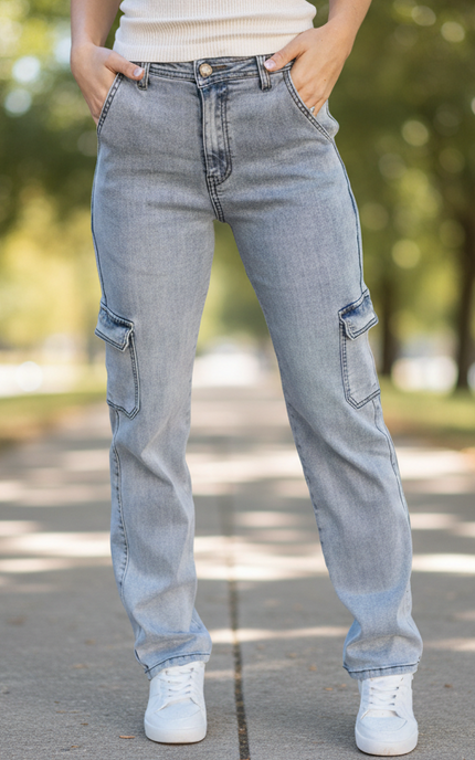 Soft Wash Cargo Jeans in light vintage aged blue wash – ultra-soft Tencel blend straight-leg high-rise denim with side cargo pockets – front view on soft linen background – Justyna Grace Boutique