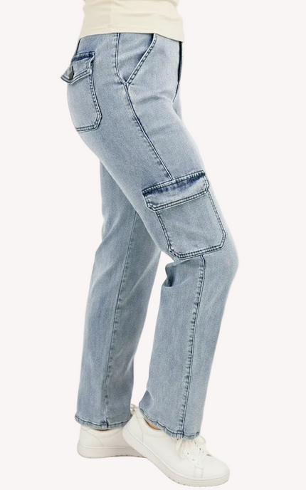 Soft Wash Cargo Jeans in light vintage aged blue wash – ultra-soft Tencel blend straight-leg high-rise denim with side cargo pockets – front view on soft linen background – Justyna Grace Boutique