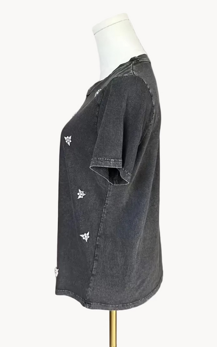 The Rhinestone Embellished Tee — soft cotton jersey with scattered rhinestones for subtle shimmer from Justyna Grace Boutique.