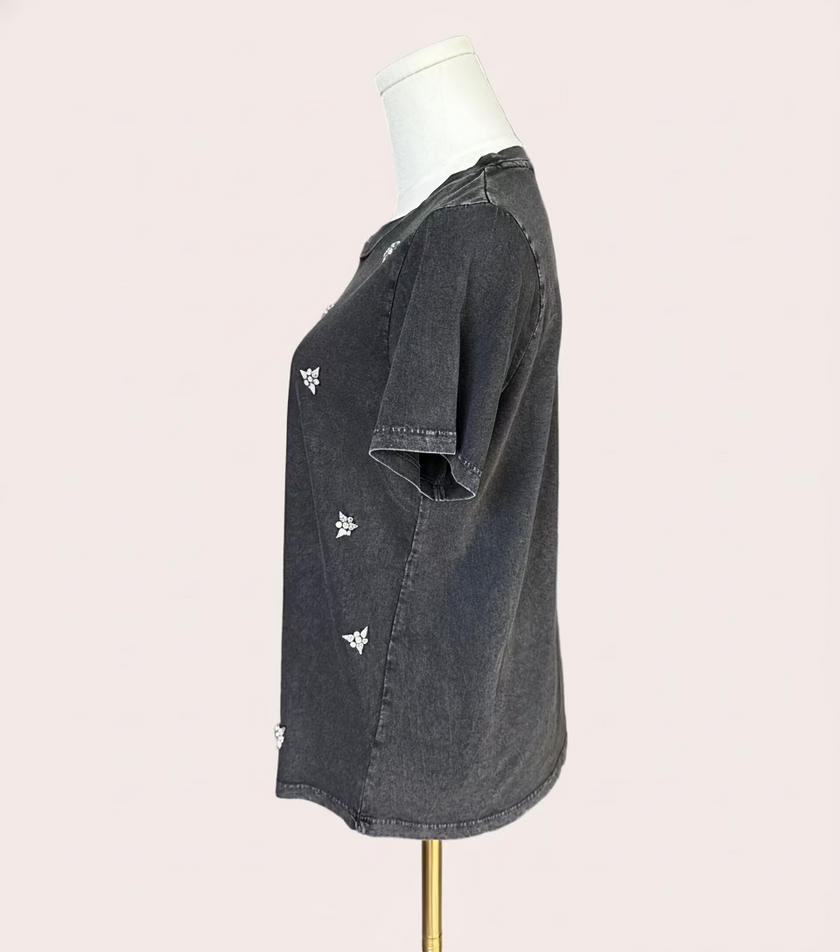 The Rhinestone Embellished Tee — soft cotton jersey with scattered rhinestones for subtle shimmer from Justyna Grace Boutique.