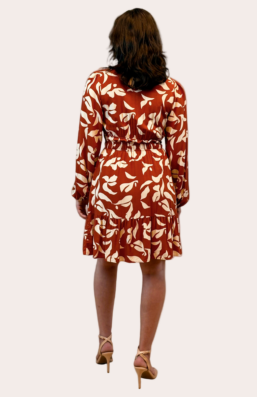 Split V Mini Dress – rust and cream leaf print long-sleeve mini with tiered skirt – Justyna Grace Boutique