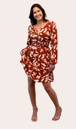 Split V Mini Dress – rust and cream leaf print long-sleeve mini with tiered skirt – Justyna Grace Boutique