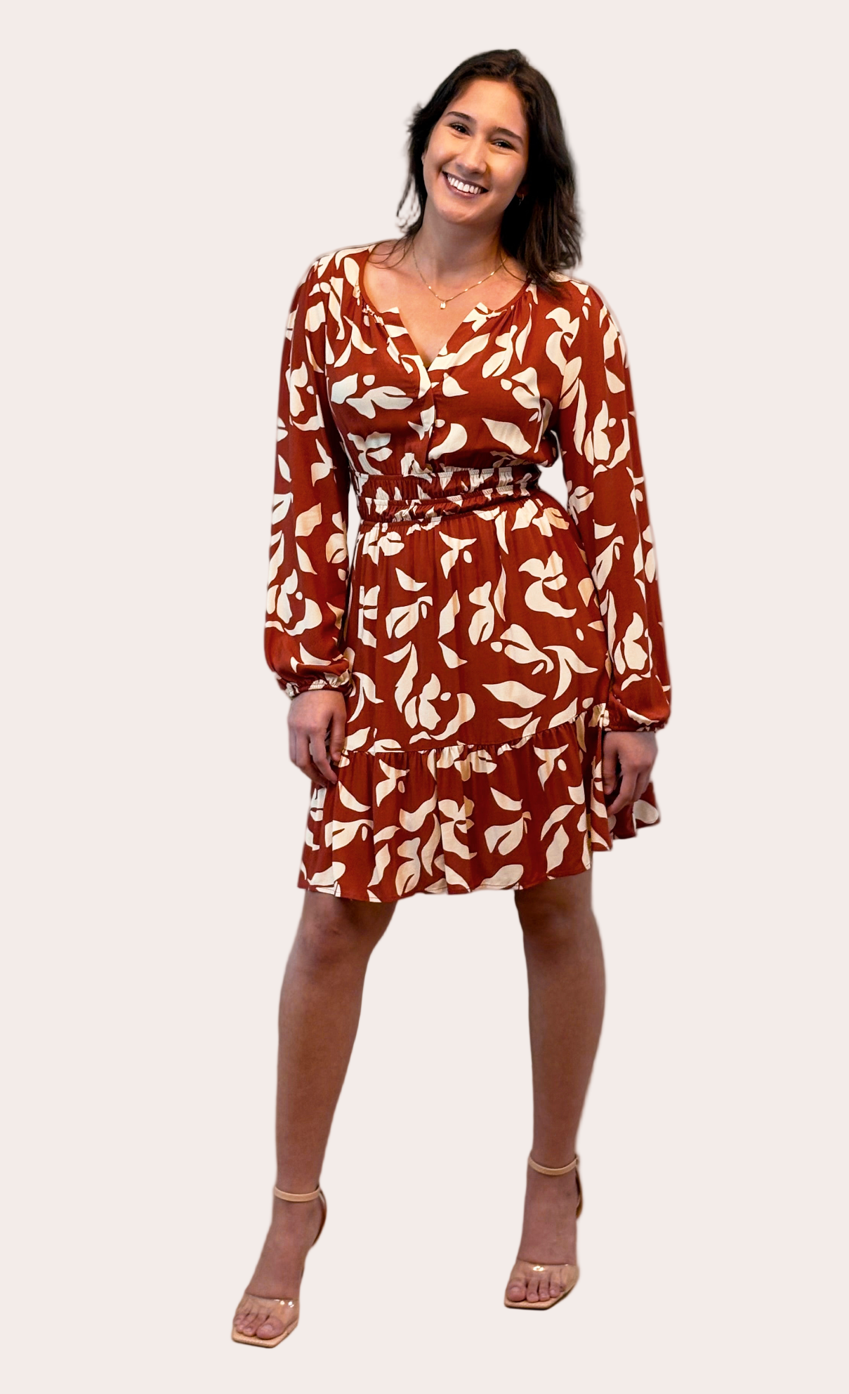 Split V Mini Dress – rust and cream leaf print long-sleeve mini with tiered skirt – Justyna Grace Boutique