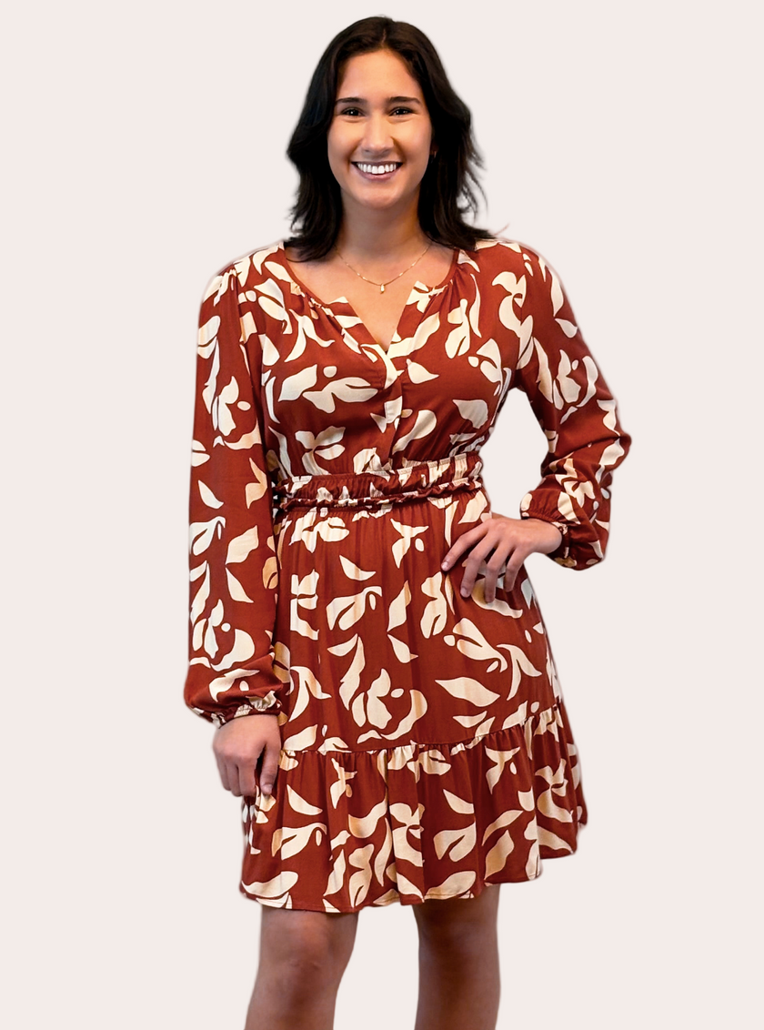 Rust and ivory split v-neck mini dress with long sleeves and cinched waist — timeless fall print from Justyna Grace Boutique.