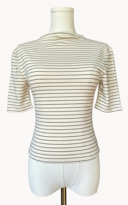 Striped Mock Neck Top — classic black and white stripes in soft stretch knit from Justyna Grace Boutique.