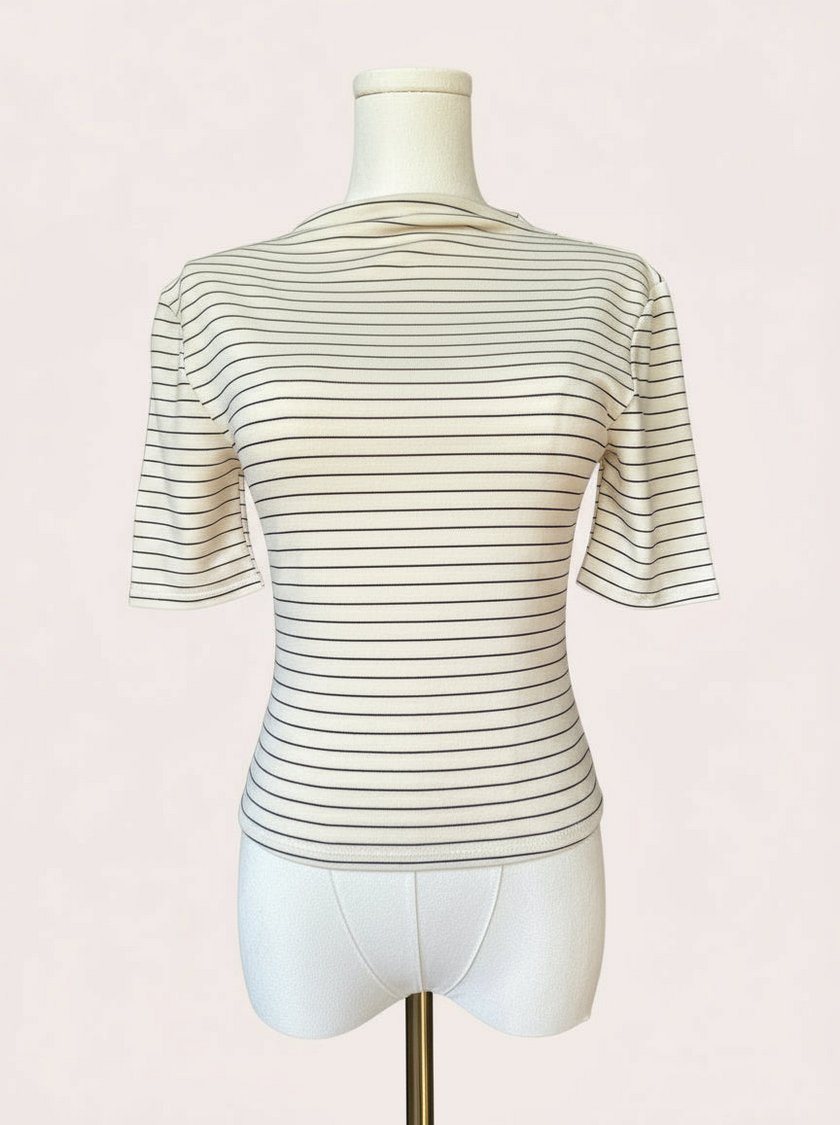 Striped Mock Neck Top — classic black and white stripes in soft stretch knit from Justyna Grace Boutique.