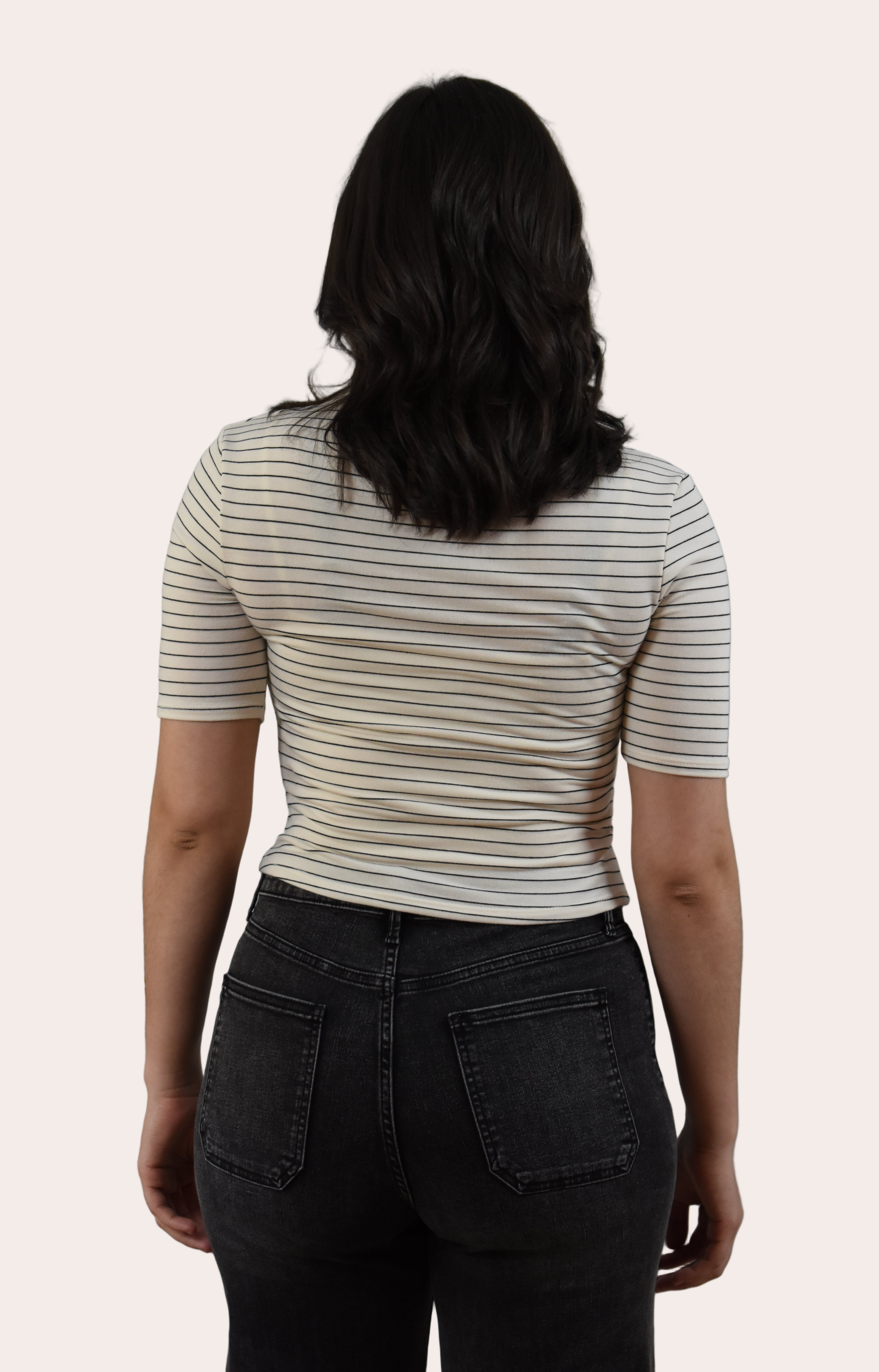 Striped Mock Neck Top — classic black and white stripes in soft stretch knit from Justyna Grace Boutique.