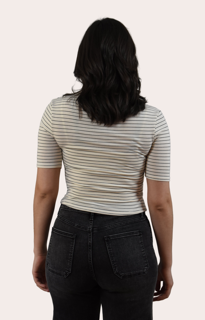 Striped Mock Neck Top — classic black and white stripes in soft stretch knit from Justyna Grace Boutique.