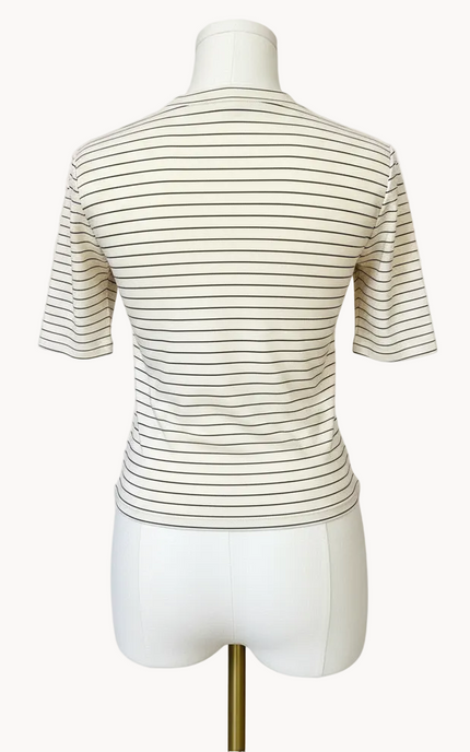 Striped Mock Neck Top — classic black and white stripes in soft stretch knit from Justyna Grace Boutique.