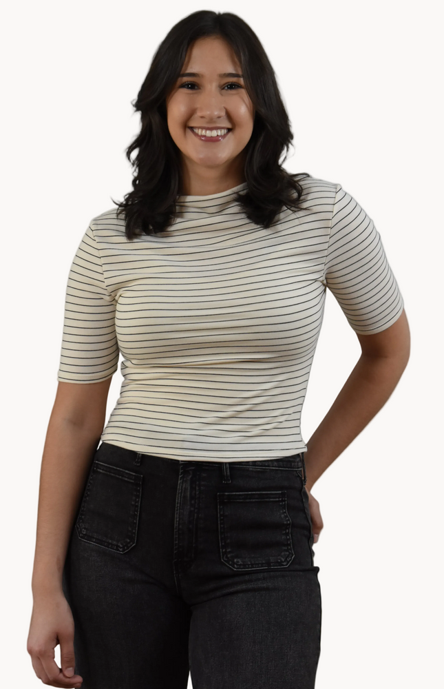 Striped Mock Neck Top — classic black and white stripes in soft stretch knit from Justyna Grace Boutique.