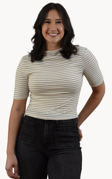 Striped Mock Neck Top — classic black and white stripes in soft stretch knit from Justyna Grace Boutique.
