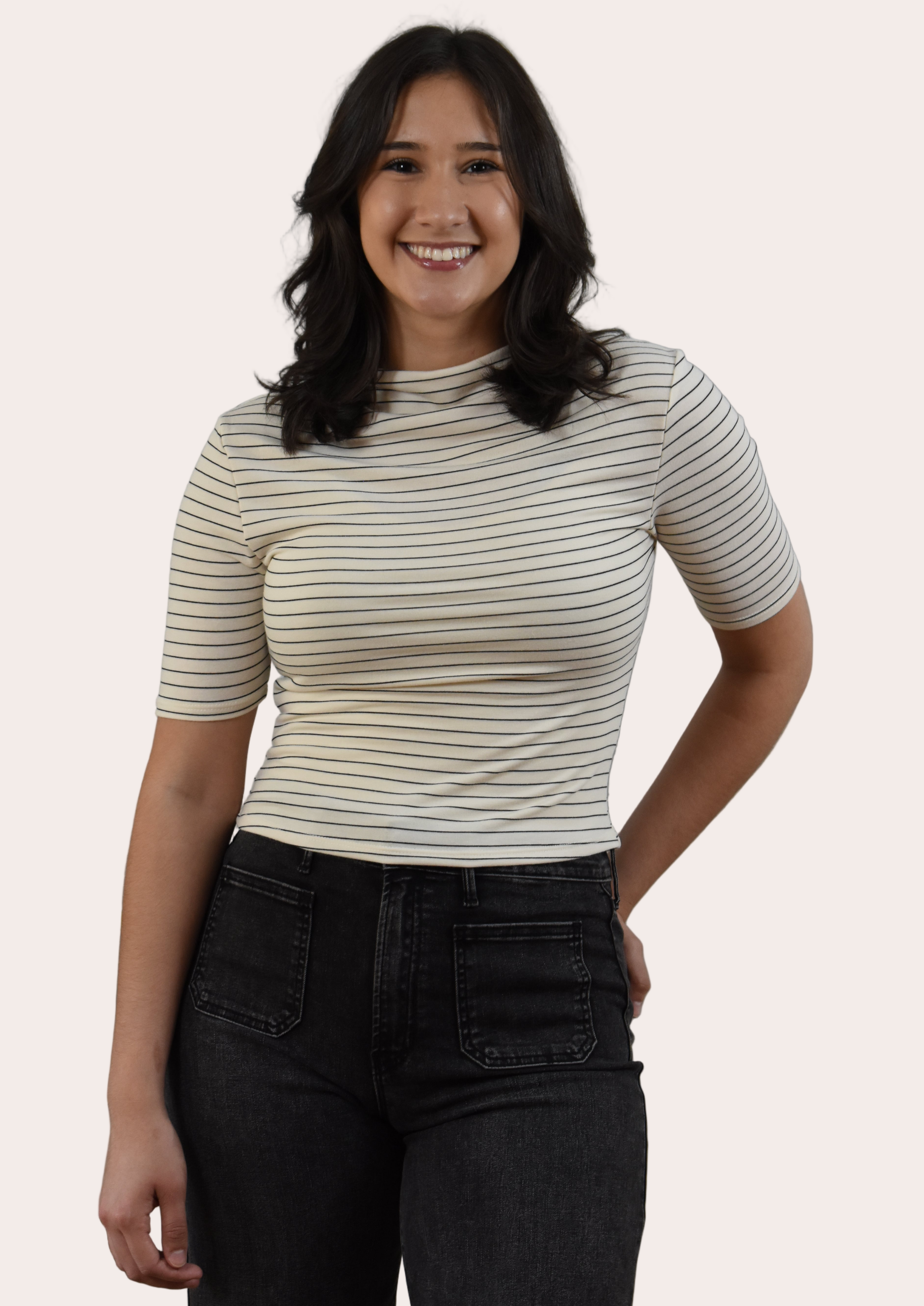Striped Mock Neck Top — classic black and white stripes in soft stretch knit from Justyna Grace Boutique.