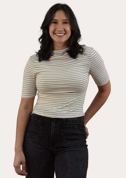 Striped Mock Neck Top — classic black and white stripes in soft stretch knit from Justyna Grace Boutique.
