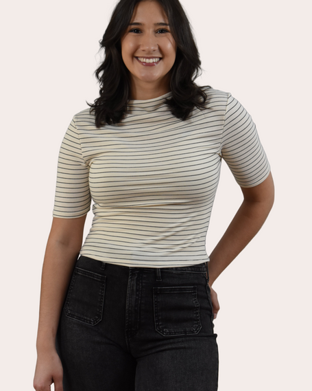 Striped Mock Neck Top — classic black and white stripes in soft stretch knit from Justyna Grace Boutique.