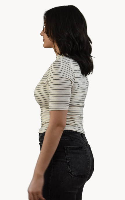 Striped Mock Neck Top — classic black and white stripes in soft stretch knit from Justyna Grace Boutique.