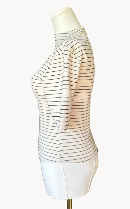 Striped Mock Neck Top — classic black and white stripes in soft stretch knit from Justyna Grace Boutique.