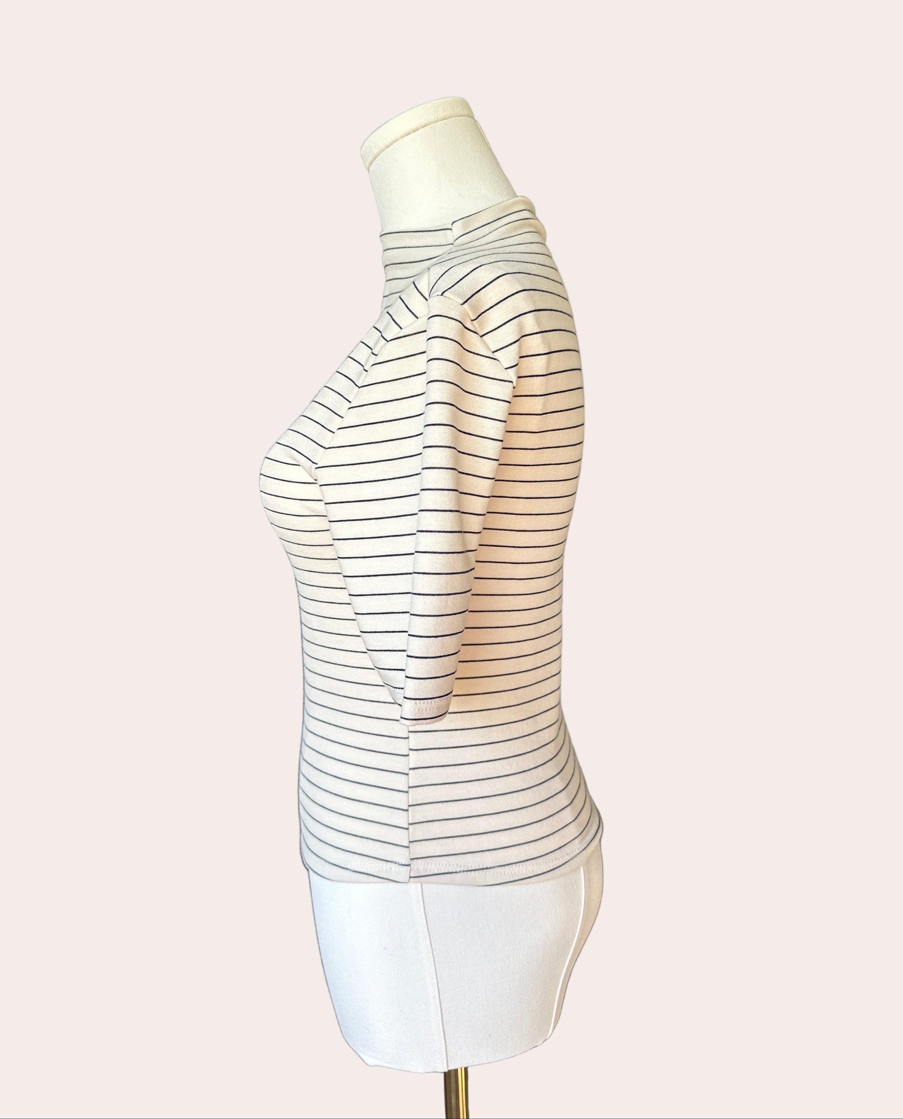 Striped Mock Neck Top — classic black and white stripes in soft stretch knit from Justyna Grace Boutique.