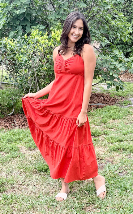 Full skirt movement in cotton maxi dress, capturing the layered, flowing design
