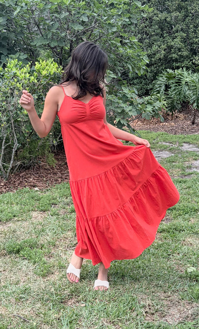 Cotton maxi dress in natural movement, showing fluid drape and silhouette