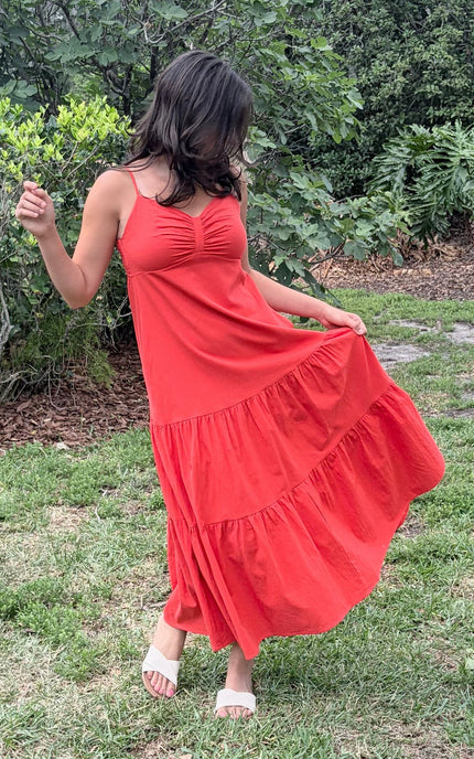 Cotton maxi dress in natural movement, showing fluid drape and silhouette