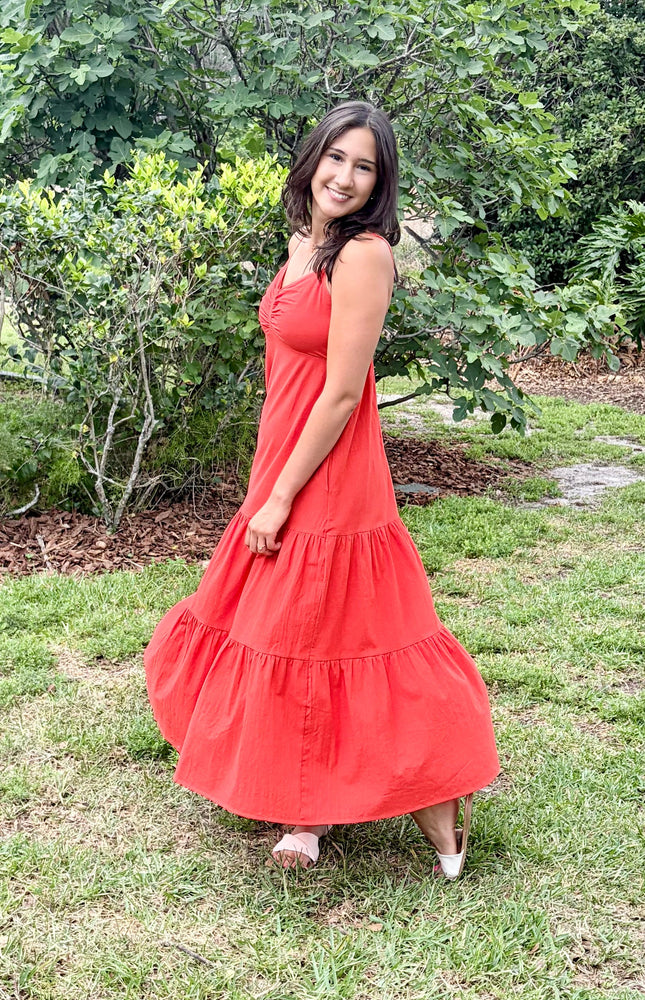 Cotton maxi dress in natural movement, showing fluid drape and silhouette