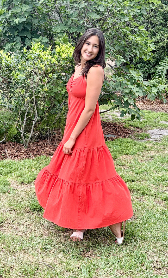 Cotton maxi dress in natural movement, showing fluid drape and silhouette