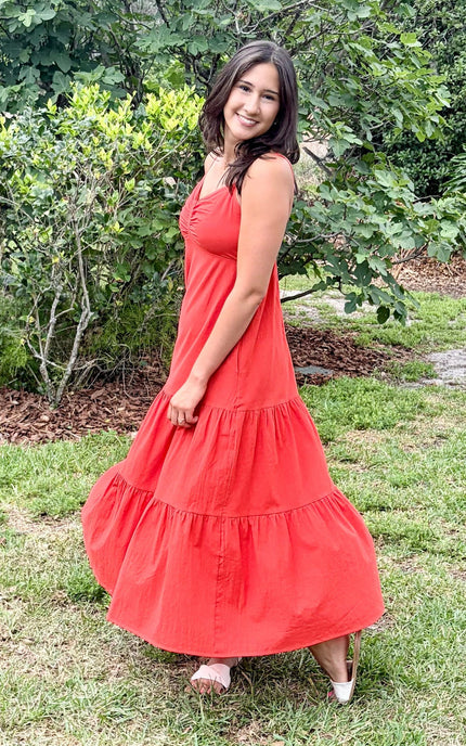 Cotton maxi dress in natural movement, showing fluid drape and silhouette