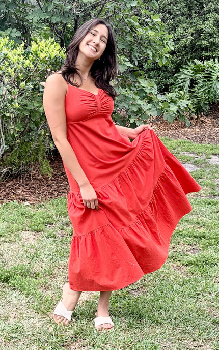 Full skirt movement in cotton maxi dress, capturing the layered, flowing design