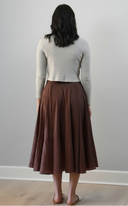 Tiered A-Line Midi Skirt — crisp structured midi with high-fitted waistband and gathered silhouette from Justyna Grace Boutique.