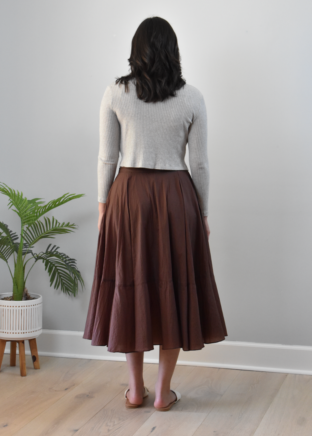 Tiered A-Line Midi Skirt — crisp structured midi with high-fitted waistband and gathered silhouette from Justyna Grace Boutique.