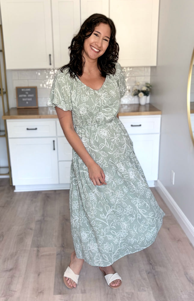 Tiered midi dress on model (5'8", Size Small, Bust 37"), showing V-neckline and soft silhouette