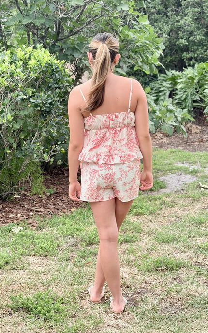 Back view of toile-print cami top in soft viscose blend