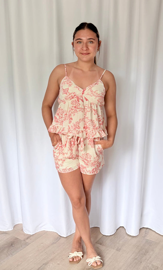 Side pocket detail on high-rise toile-inspired printed shorts in soft viscose blend