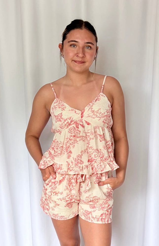 Toile-print cami top in lightweight viscose blend, designed to pair with matching high-rise shorts