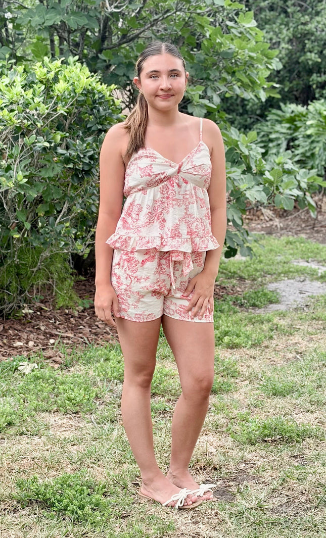 Toile-inspired printed matching set featuring high-rise shorts and cami in a soft viscose blend with a vintage-inspired, effortlessly polished look