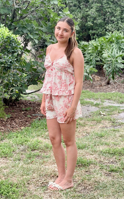 Toile-inspired printed matching set featuring high-rise shorts and cami in a soft viscose blend with a vintage-inspired, effortlessly polished look