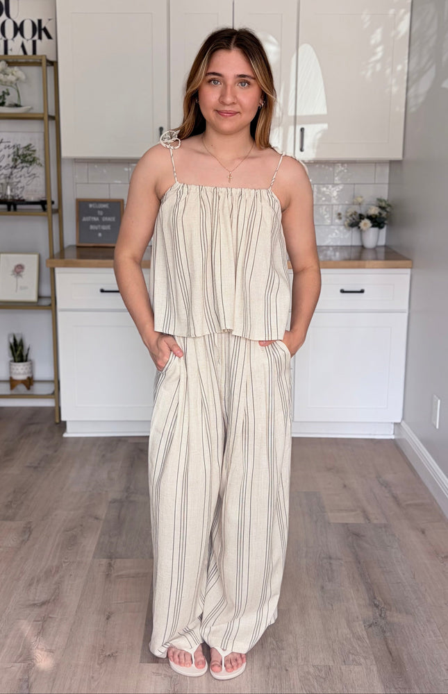Valencia striped rayon linen two piece set with relaxed top and wide leg palazzo pants with pockets