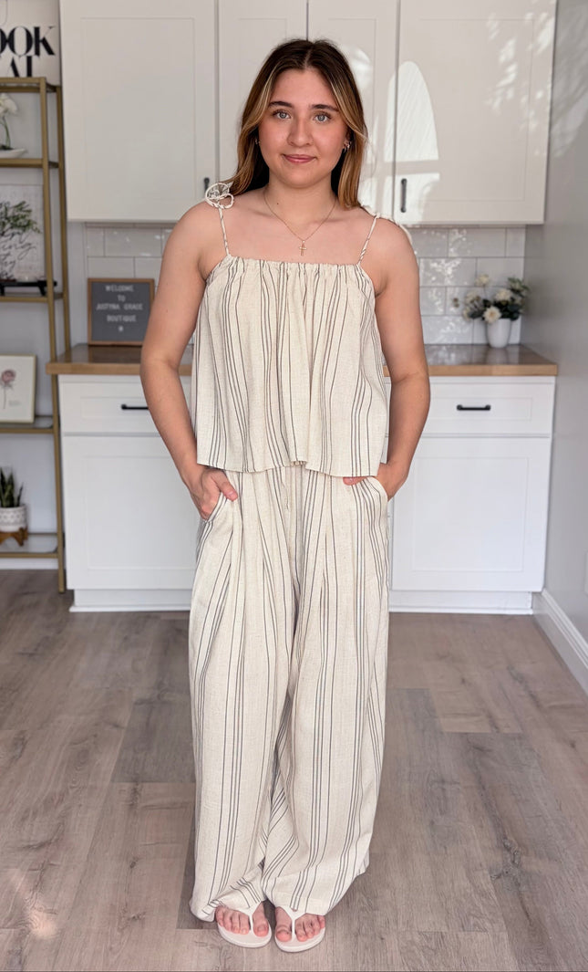 Valencia striped rayon linen two piece set with relaxed top and wide leg palazzo pants with pockets