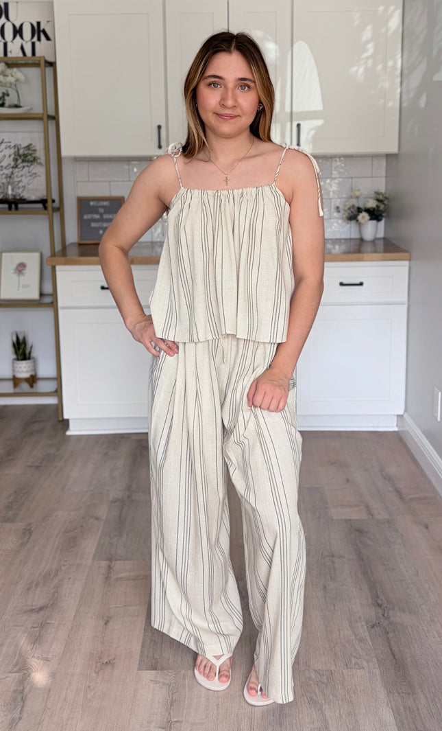 Valencia striped rayon linen two piece set with relaxed top and wide leg palazzo pants with pockets
