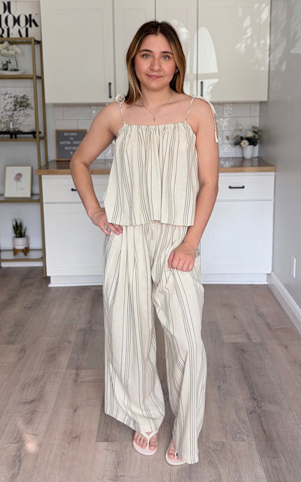 Valencia striped rayon linen two piece set with relaxed top and wide leg palazzo pants with pockets