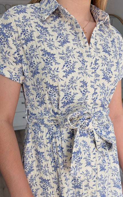 Valerie floral cotton shirt dress with rolled sleeves and self-tie waist belt