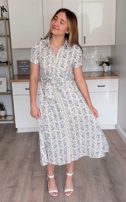 Valerie floral cotton shirt dress with rolled sleeves and self-tie waist belt