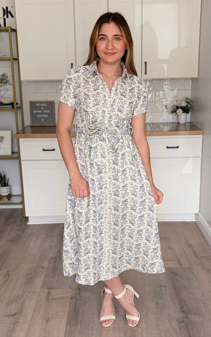 Valerie floral cotton shirt dress with rolled sleeves and self-tie waist belt